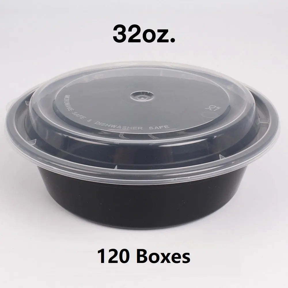Bulk 120 Cases 32 oz Round Black Plastic Container - food container disposable