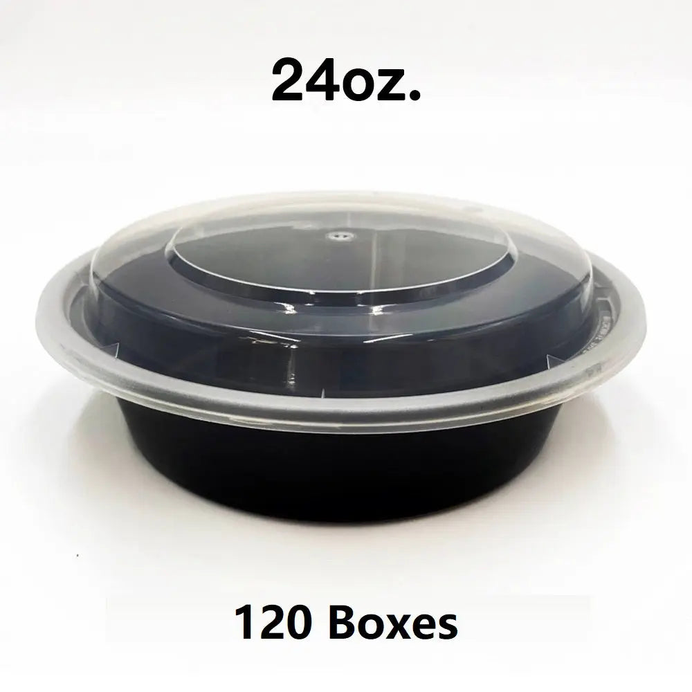 Bulk 120 Cases 24 oz Round Black Plastic Container - food container disposable