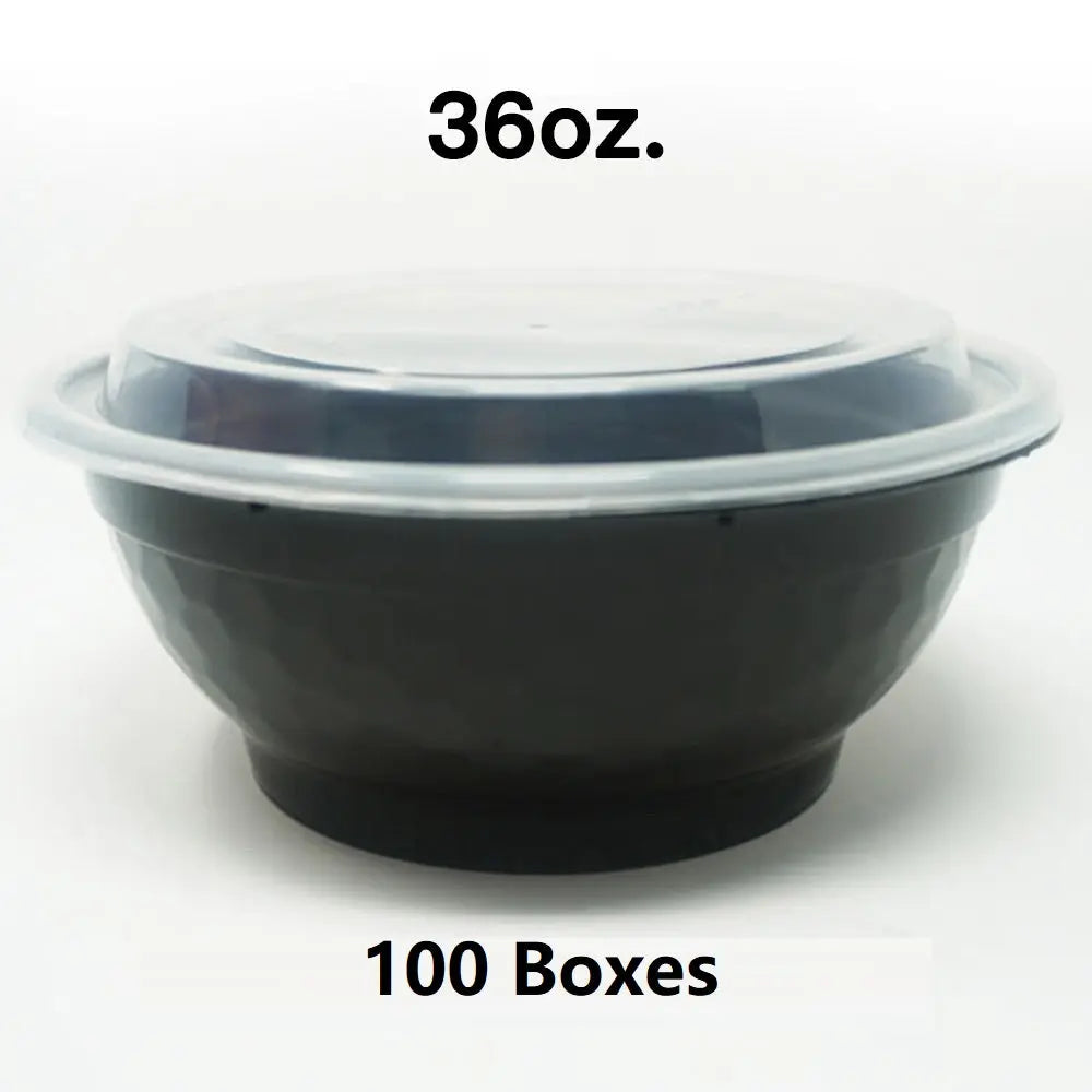 Bulk 100 Cases 36 oz Round Black Plastic Container - food container disposable