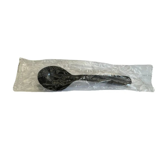 6" Heavy Black Plastic Spoon (Individual Warp) - 1000/Case APC
