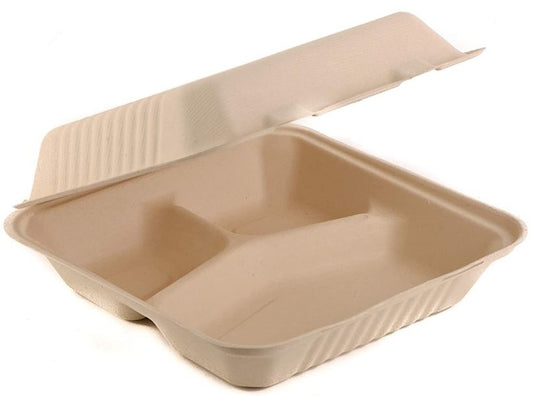 Bagasse 9*9*3 Deep 3-Comp. Clamshell - 150/Case