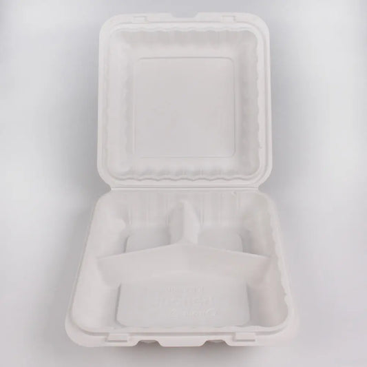 Kari-Out 993W Square White Plastic 3-Compartment Hinged Food Container 9" X 9" - 150/Case Fresh2