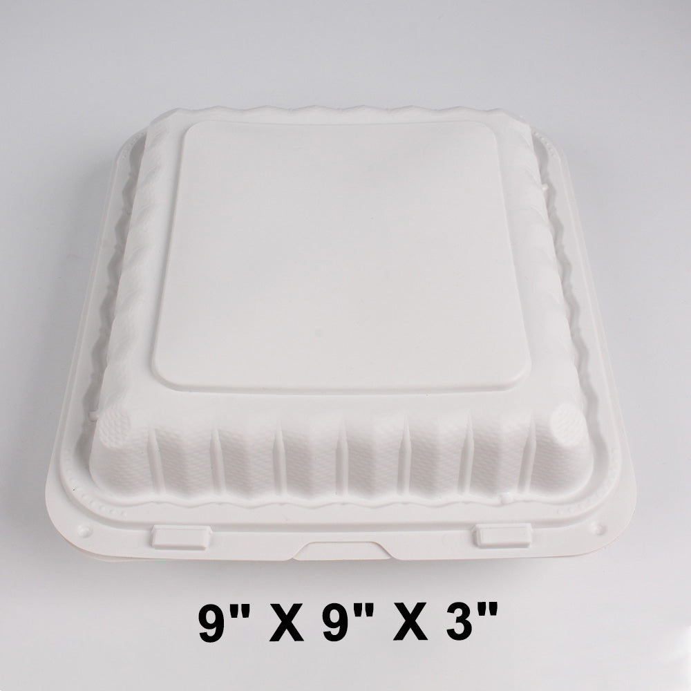 Kari-Out 993W Square White Plastic 3-Compartment Hinged Food Container 9" X 9" - 150/Case
