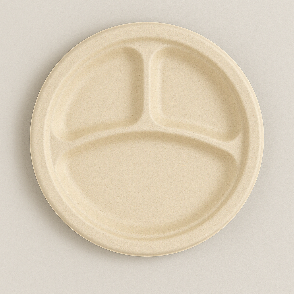 Bagasse 9“ 3 COMP. Compostable Round Plate - 400/Case