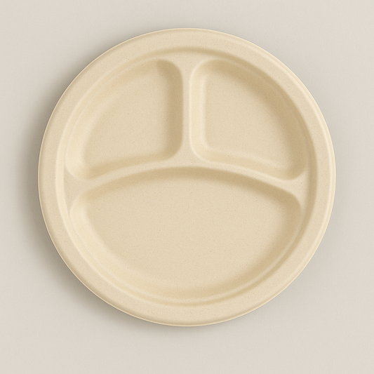 Bagasse 9“ 3 COMP. Compostable Round Plate - 400/Case