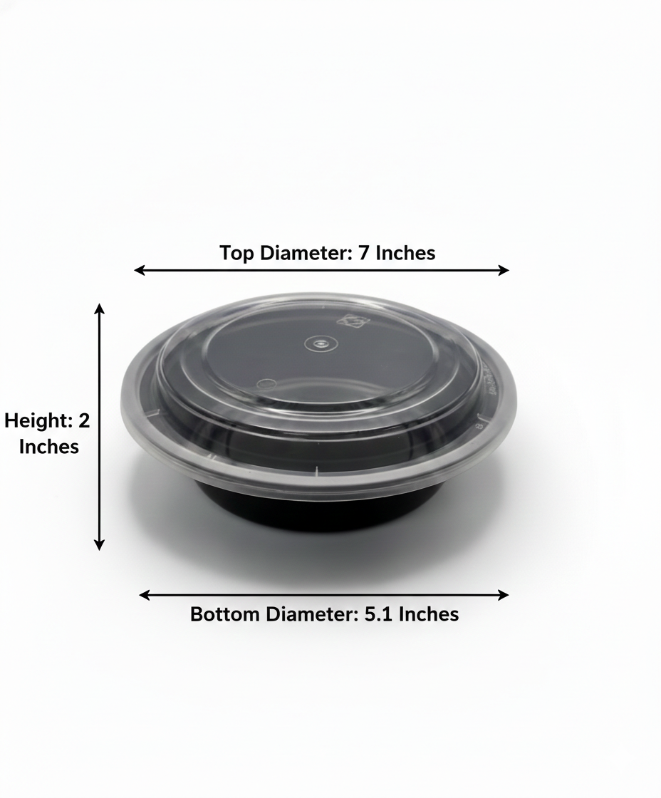 Black food container with measurements on a white background