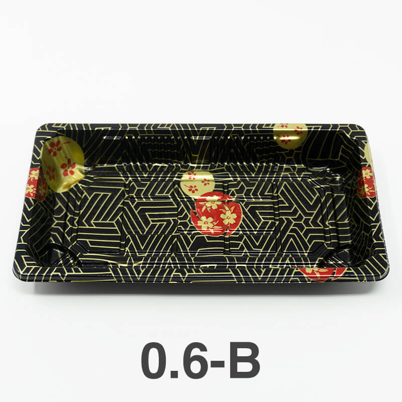 0.6-B 长方形黑色塑料寿司托盘容器底座(非组合)6 3/8 英寸 X 3 1/2 英寸 X 3/4 英寸 - 1500/箱