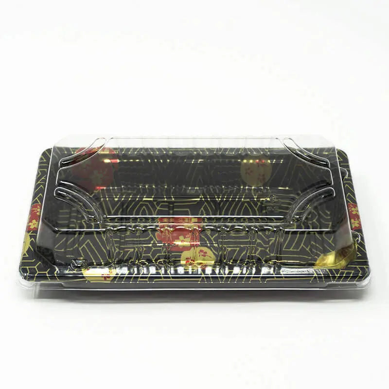 0.6-B Rectangular Black Plastic Sushi Tray Container Base (Not Combo) 6 3/8" X 3 1/2" X 3/4" - 1500/Case TZ