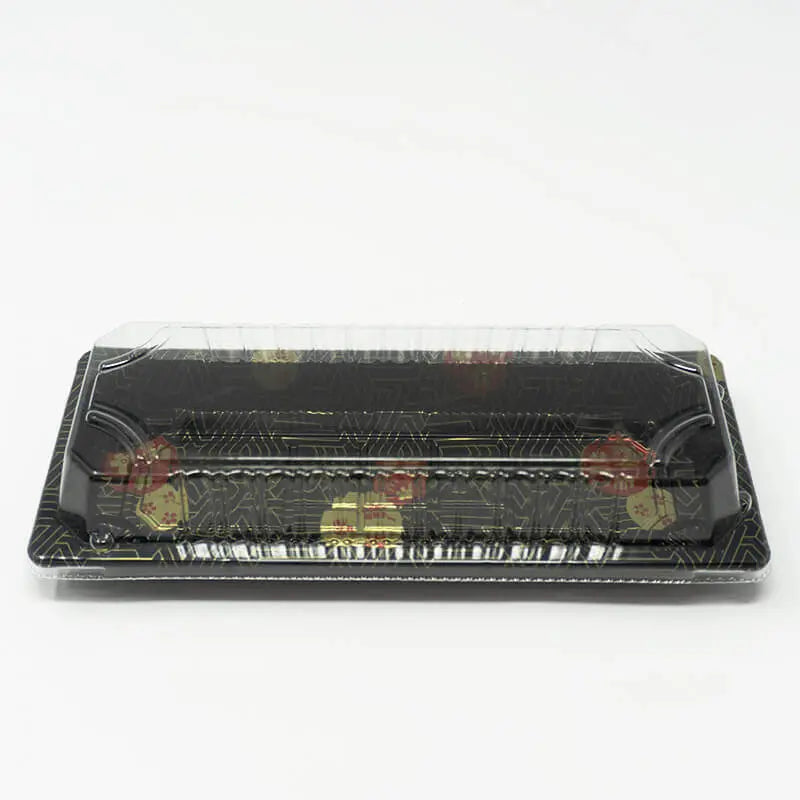 001-B Rectangular Black Plastic Sushi Tray Container Base (Not Combo) 8 3/4" X 3 3/4" X 7/8" - 1400/Case TZ