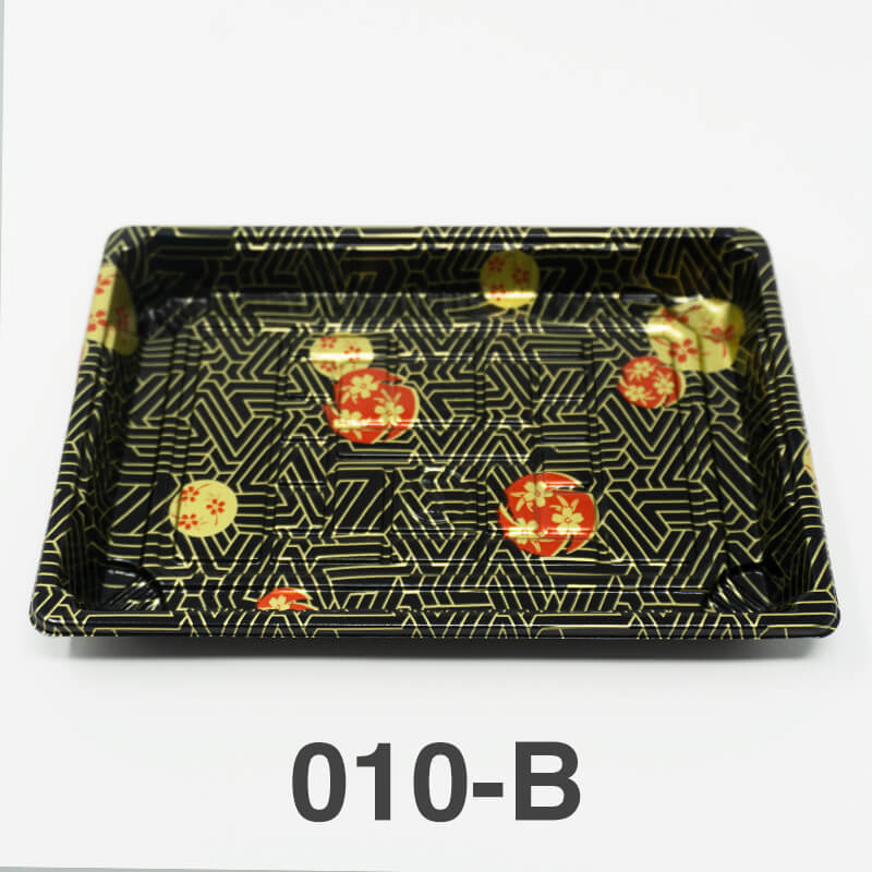 010-B 长方形黑色塑料寿司托盘容器底座(非组合)7 3/8英寸 X 5 1/8英寸 X 7/8英寸 - 1200个/箱