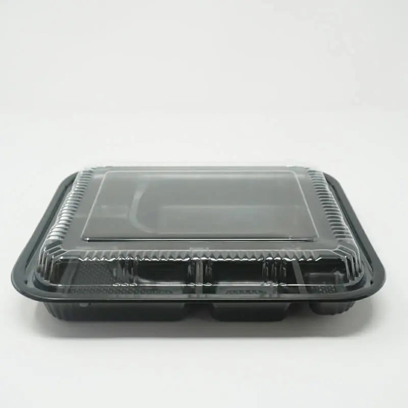 305 Rectangular Black Plastic Bento Box Set 9 3/8" X 7 1/2" X 1 3/8" - 252/Case TZ