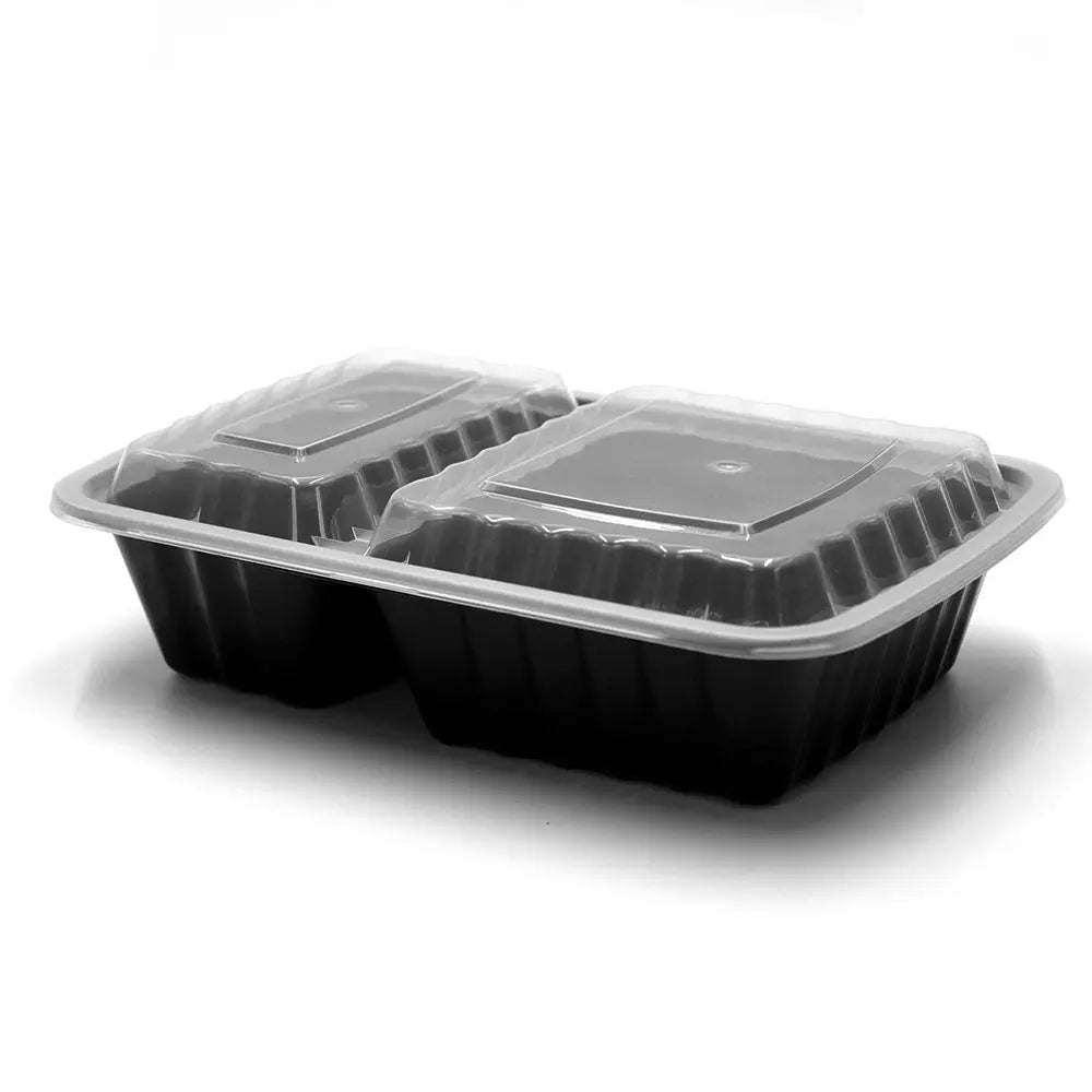 HT 30 oz Rectangular Black Plastic 2 Comp Containe - food container disposable