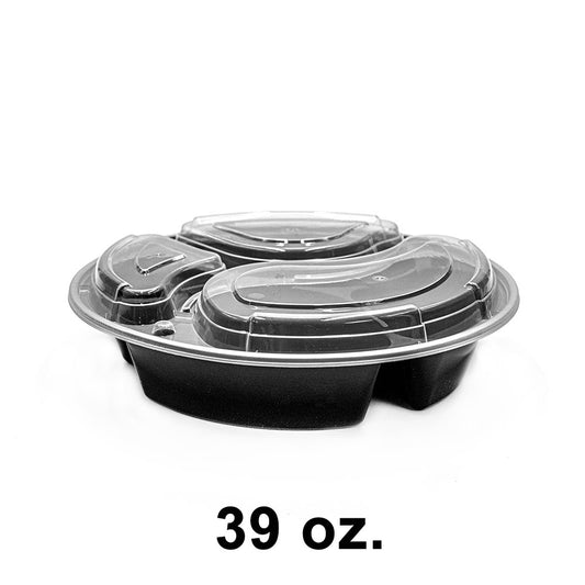 39 oz. Round Black Plastic 3 Compartment Container Set (938/9388) - 150/Case