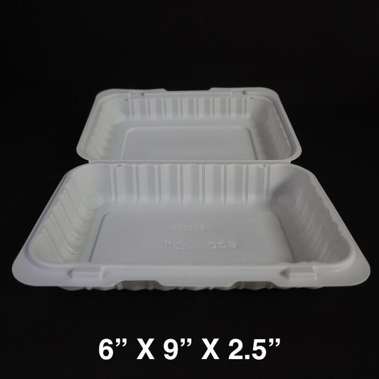 Rectangular White Plastic 1-Compartment Hinged Food Container 6" X 9" X 2.5" - 150/Case
