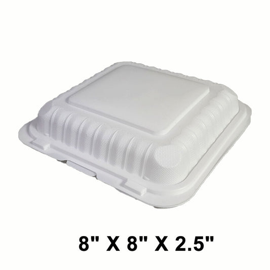 Square White Plastic 1-Compartment Hinged Food Container 8" X 8" X 2.5" - 150/Case