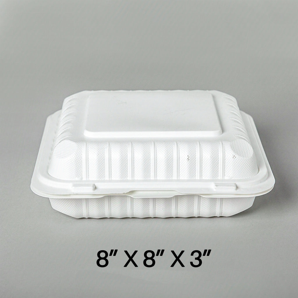方形白色塑料三格铰链食品盒 8 英寸 X 8 英寸 X 2.5 英寸 - 150/箱