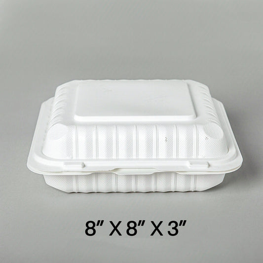 Square White Plastic 3-Compartment Hinged Food Container 8" X 8" X 2.5" - 150/Case