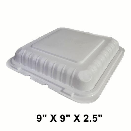 Square White Plastic 1-Compartment Hinged Food Container 9" X 9" X 2.5" - 150/Case