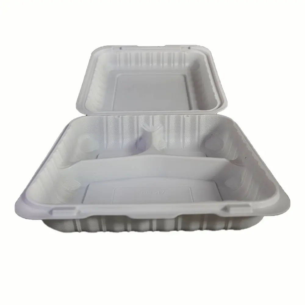 Square White Plastic 3-Compartment Hinged Food Container 9" X 9" X 2.5" - 150/Case FH