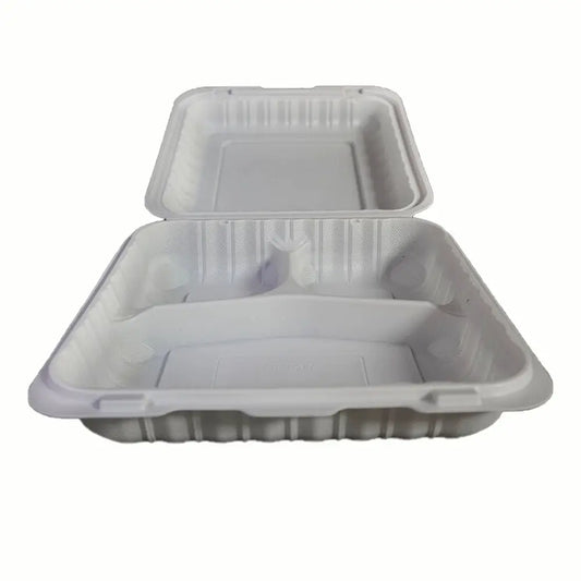 Square White Plastic 3-Compartment Hinged Food Container 9" X 9" X 2.5" - 150/Case FH