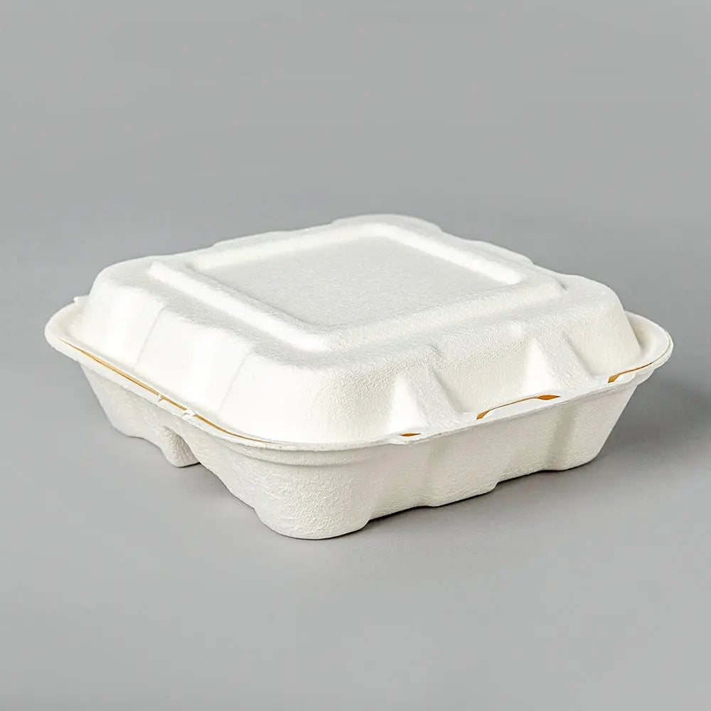 AHD Square White 3 COMP. Compostable Hinged Container 8" X 8" X 3" - 200/Case APC