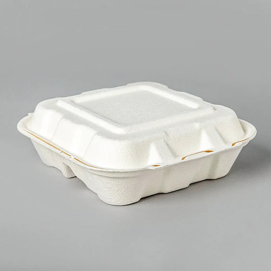 AHD Square White 3 COMP. Compostable Hinged Container 8" X 8" X 3" - 200/Case APC