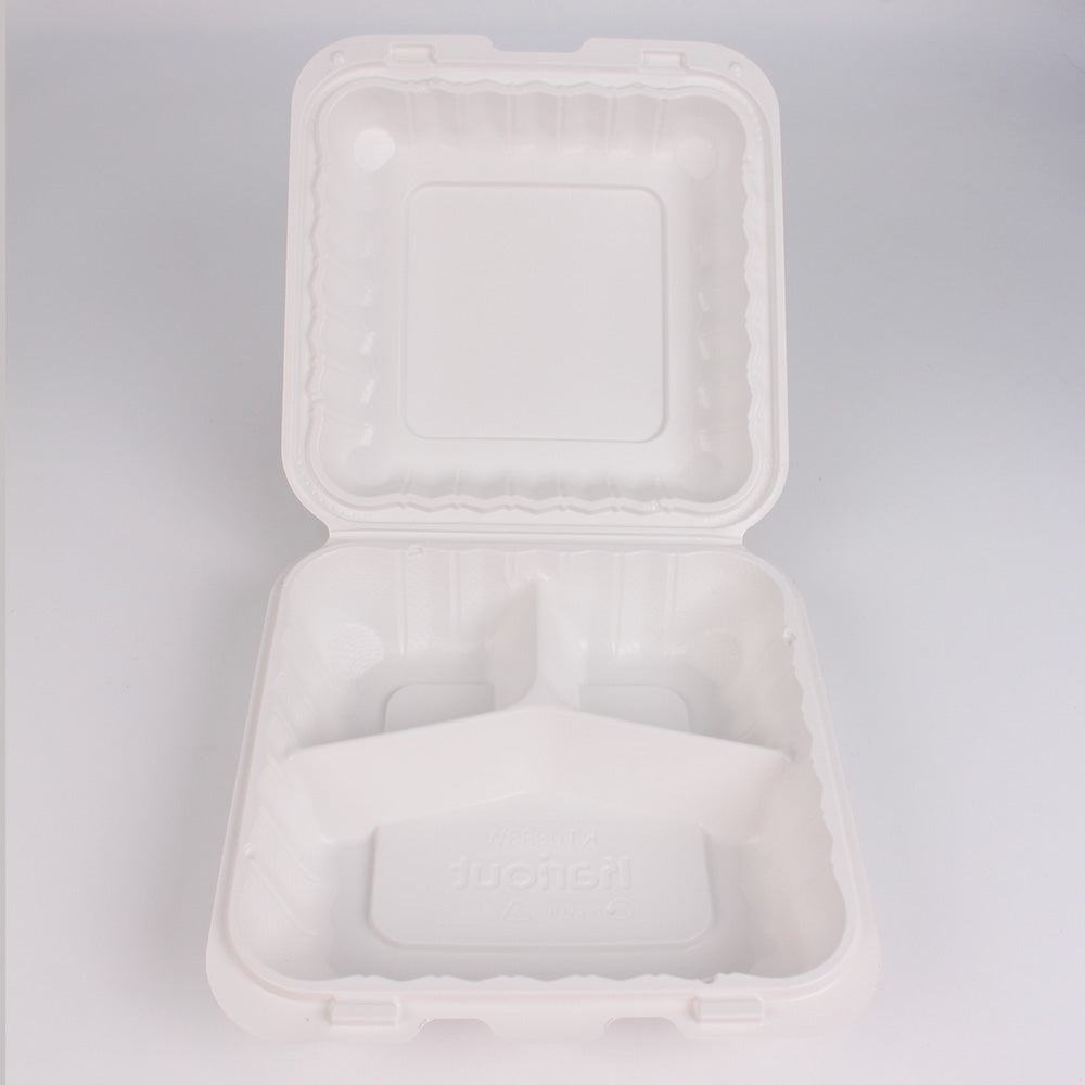 方形白色塑料三格铰链食品盒 8 英寸 X 8 英寸 X 2.5 英寸 - 150/箱