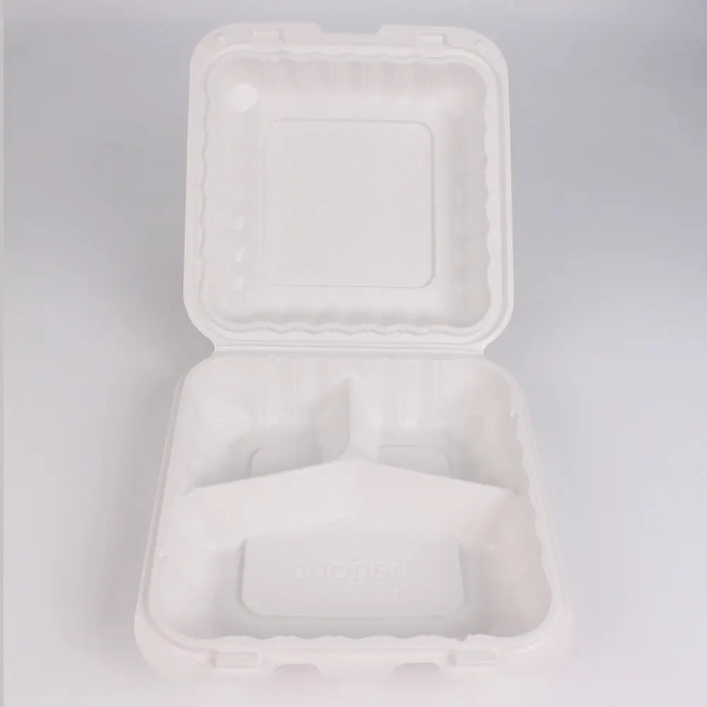 Square White Plastic 3-Compartment Hinged Food Container 8" X 8" X 2.5" - 150/Case FH