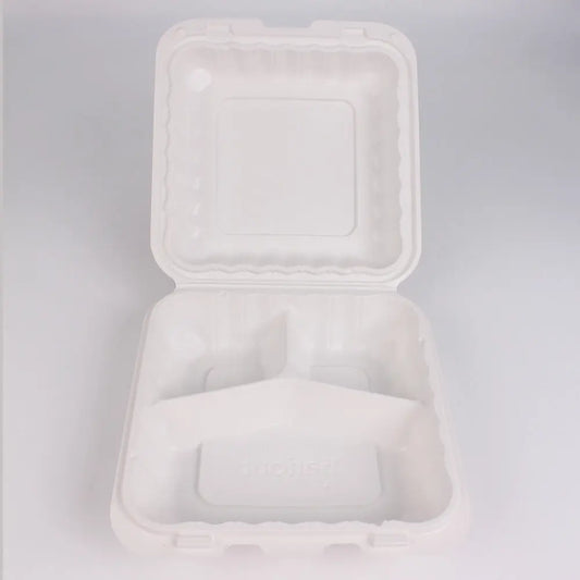 Square White Plastic 3-Compartment Hinged Food Container 8" X 8" X 2.5" - 150/Case FH