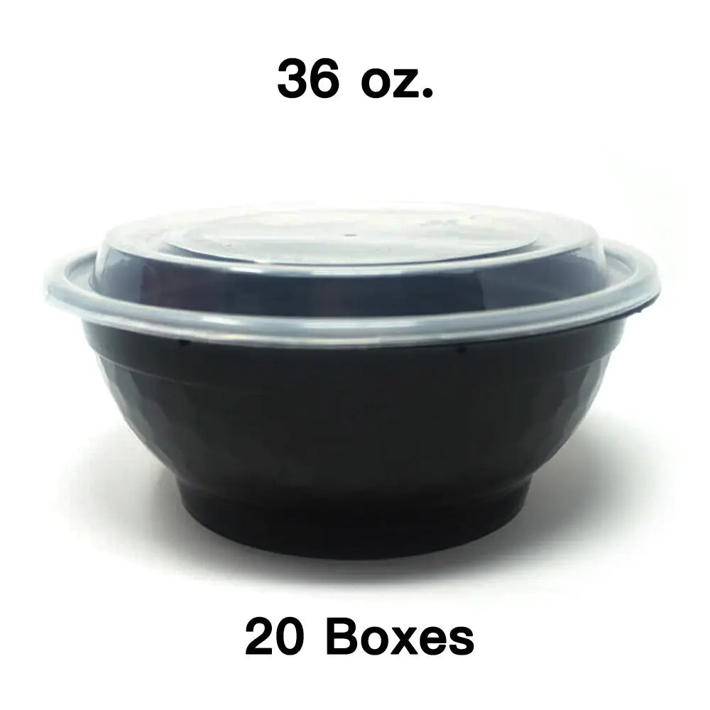 Bulk 20 Cases 36 oz Round Black Plastic Container - food container disposable