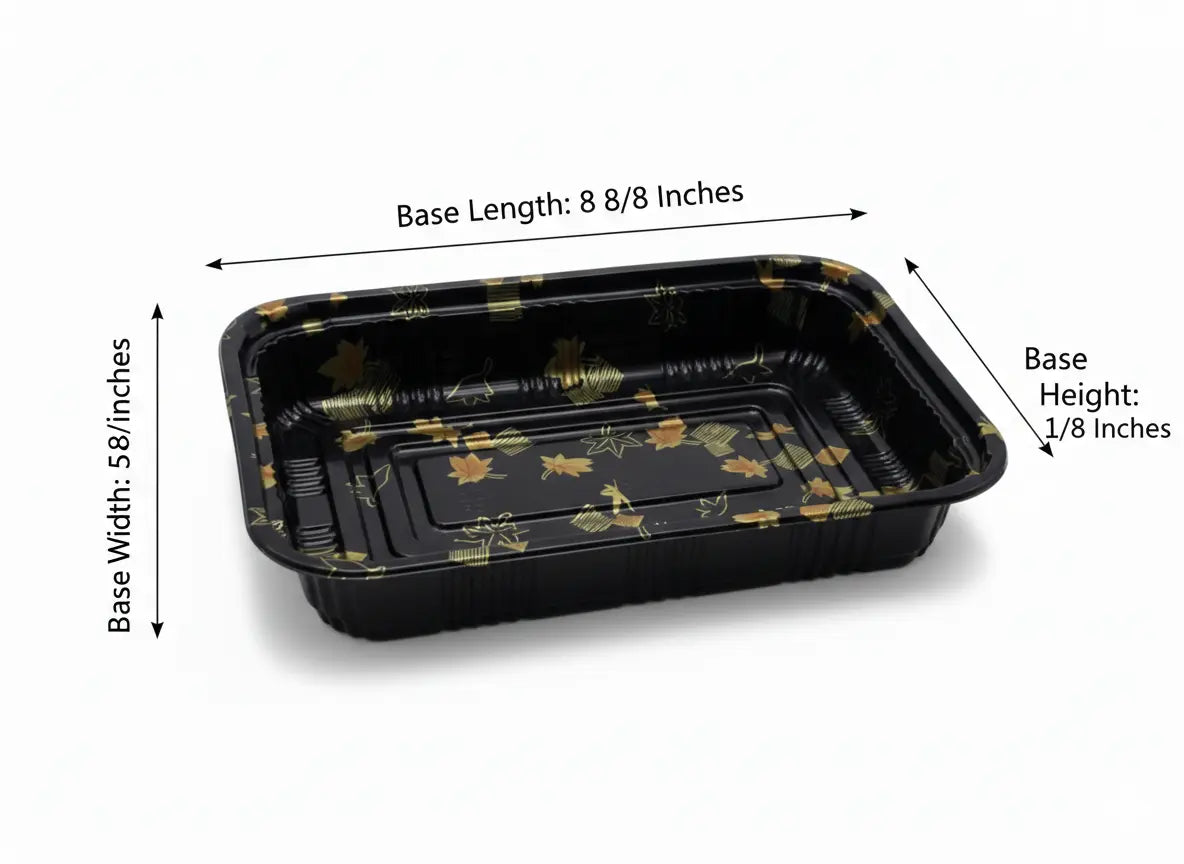 Black rectangular tray with floral design on a white background, showing measurements.