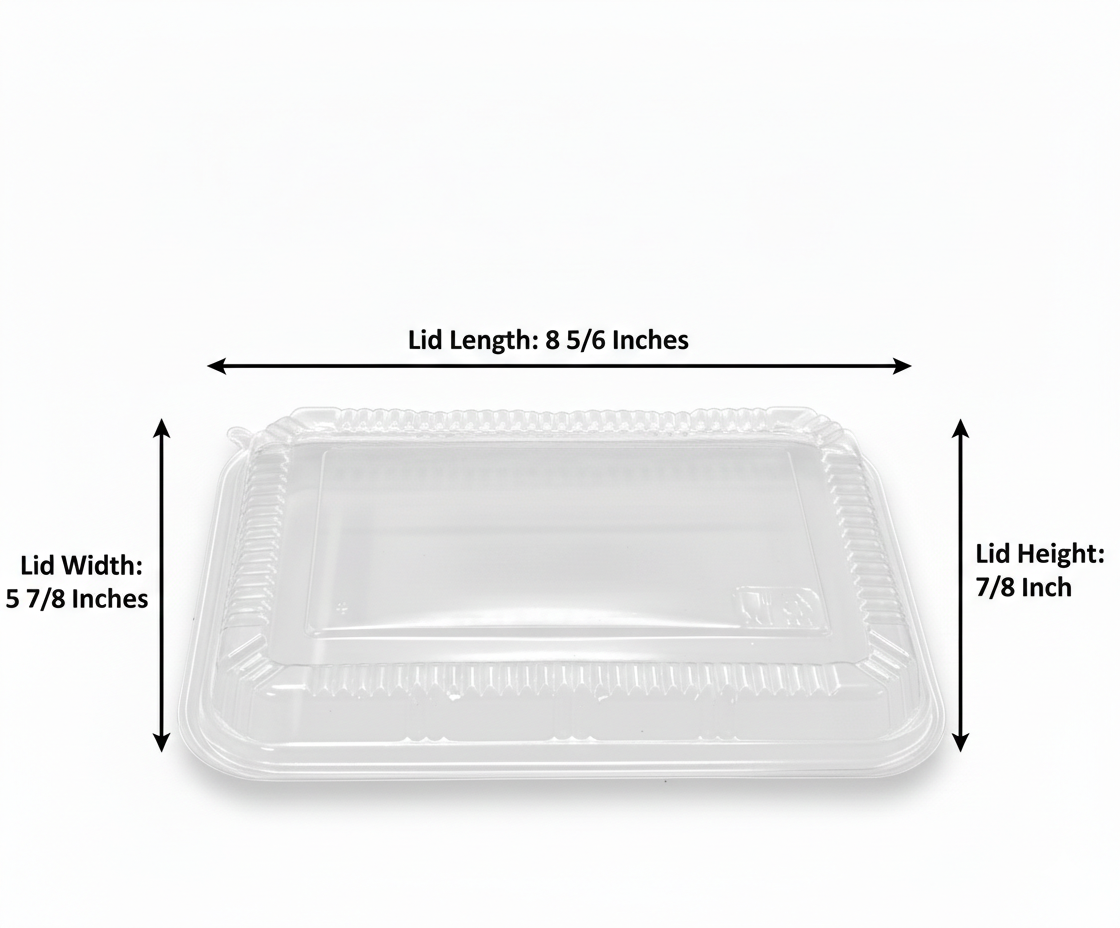 Clear plastic food container lid with dimensions labeled on a white background
