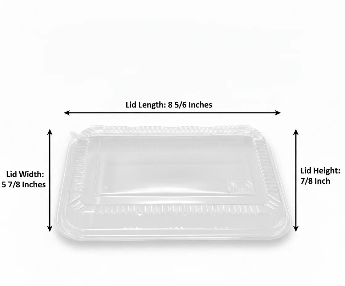 Clear plastic food container lid with dimensions labeled on a white background