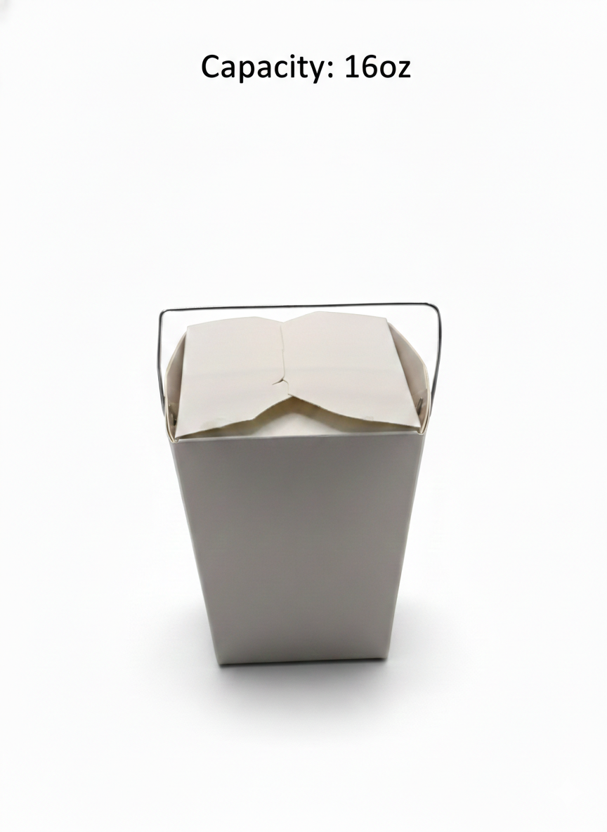 White takeout container with a lid on a white background, labeled 'Capacity: 16oz'.