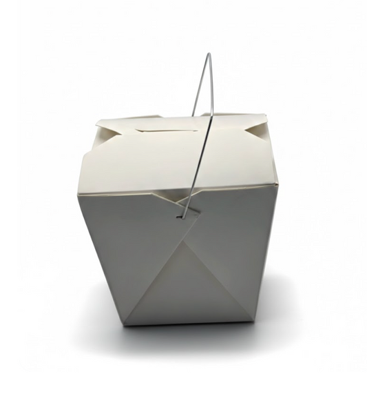 white takeout container with a handle on a white background