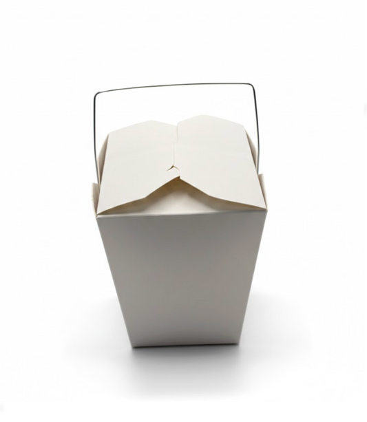 White paper takeout container with a lid on a white background