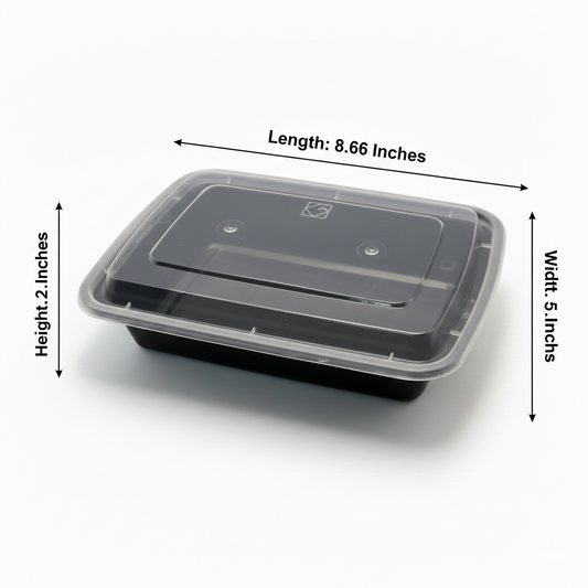 Black food container with dimensions labeled on a white background