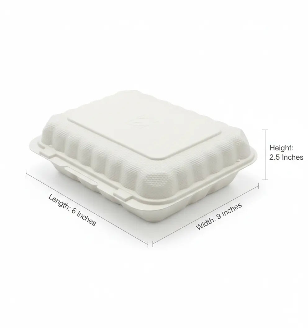 White disposable food container with dimensions labeled on a white background