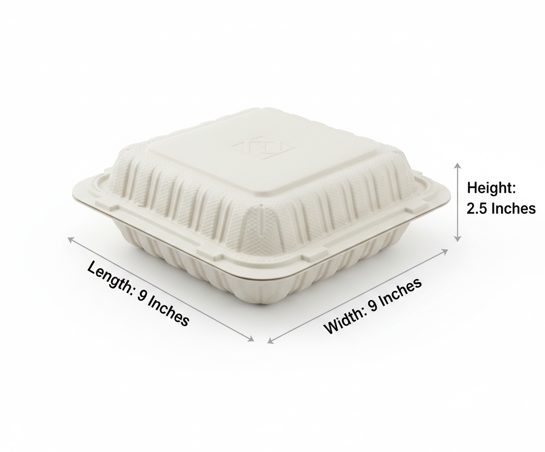 Biodegradable take-out container with dimensions labeled on a white background