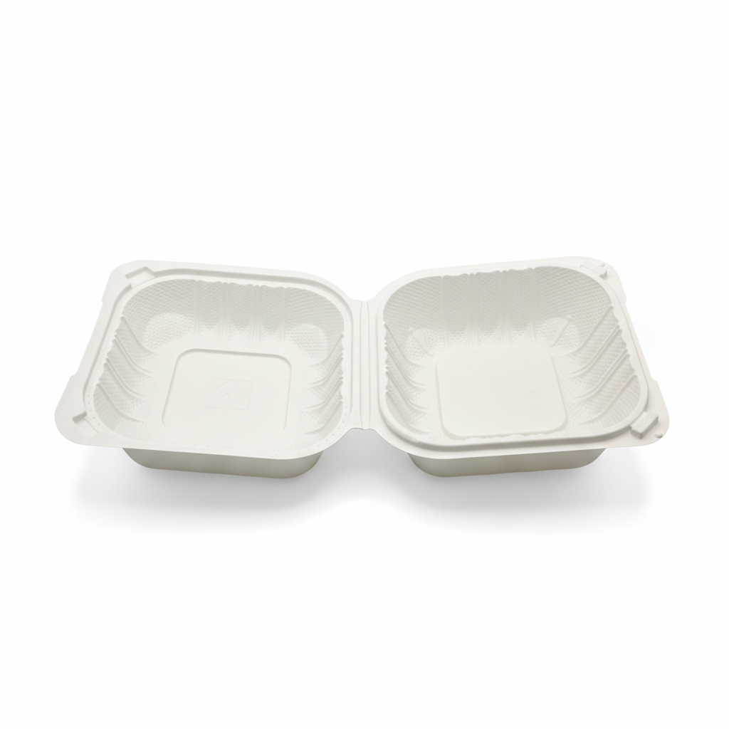 Biodegradable food container with a lid on a white background