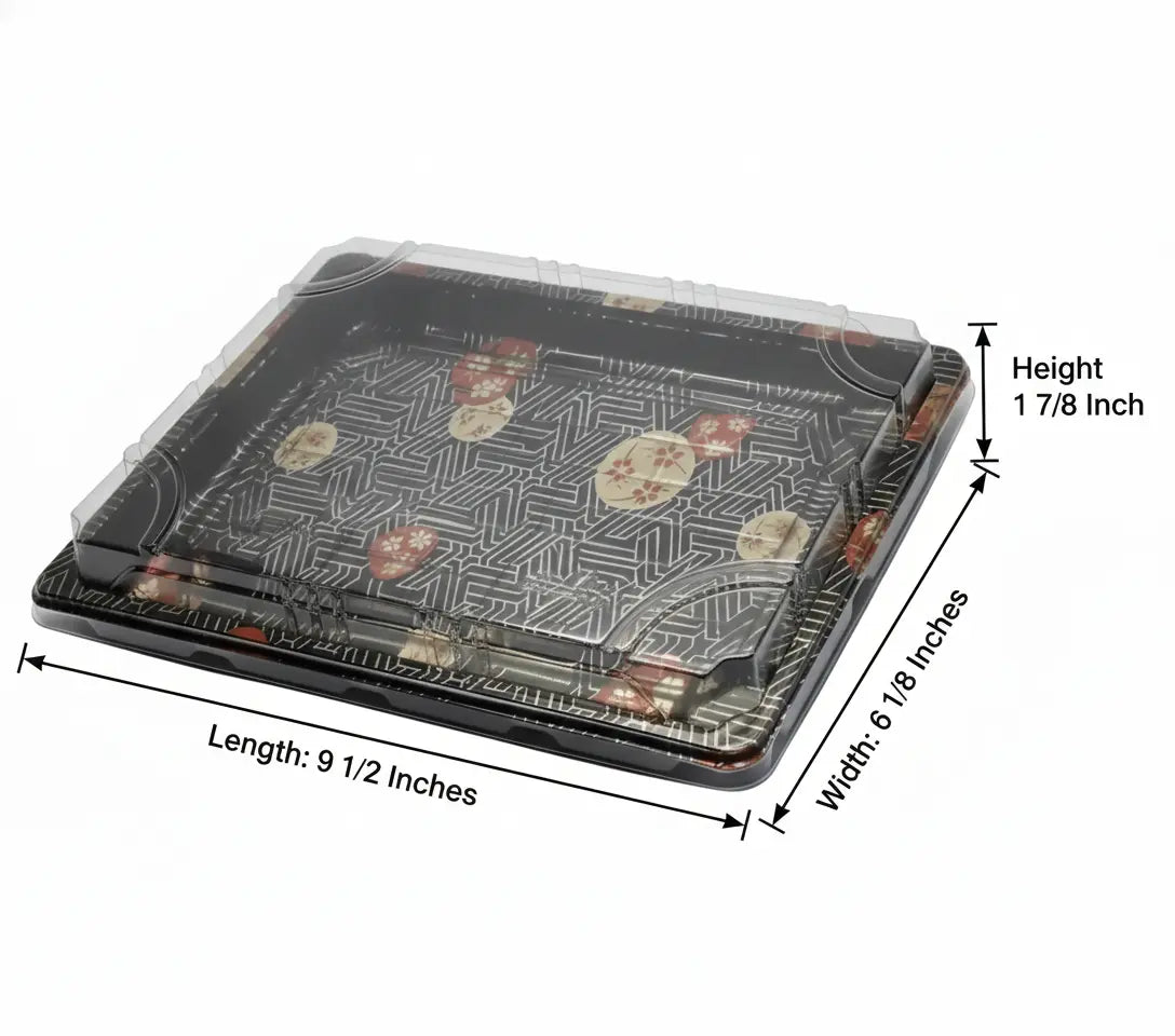 sushi tray with dimensions on a white background