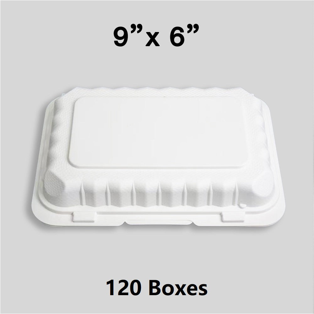[散装 120 箱] PP206 长方形白色塑料铰链食品容器 9 英寸 X 6 英寸 - 150/箱