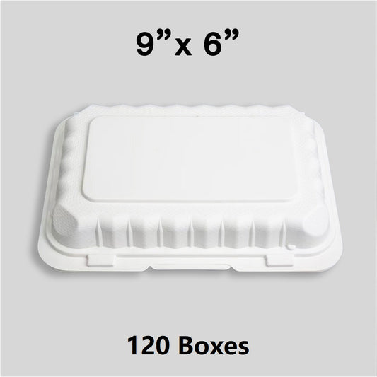 [散装 120 箱] PP206 长方形白色塑料铰链食品容器 9 英寸 X 6 英寸 - 150/箱