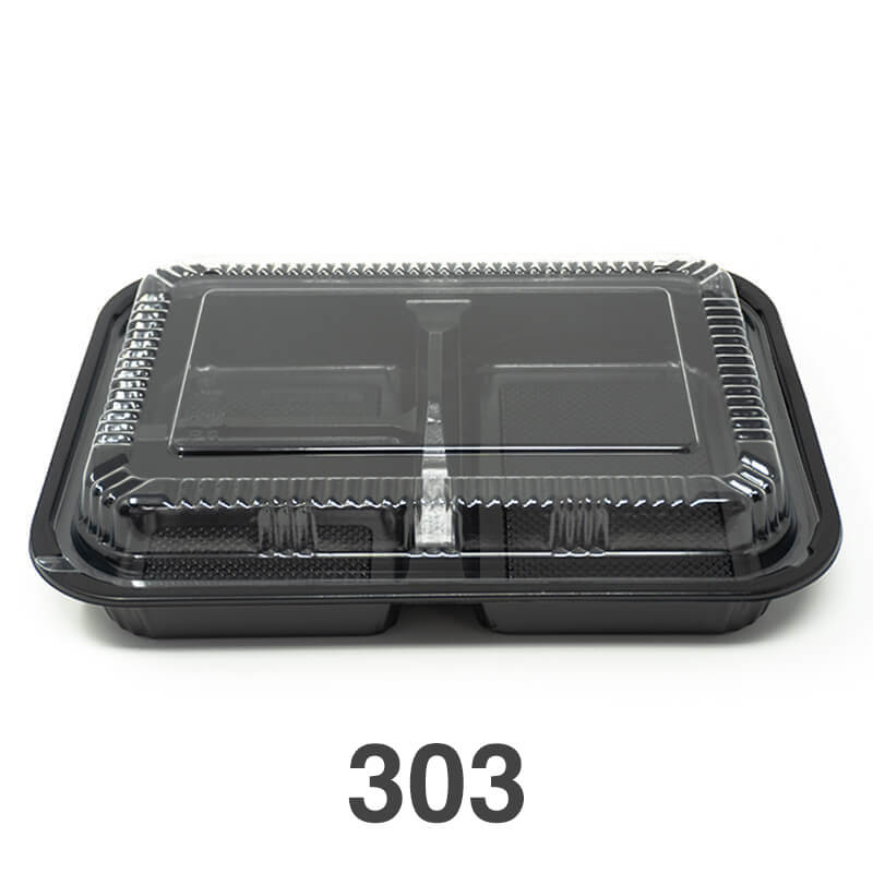 Rectangular black plastic Bento box with a clear lid, labeled with the number 303.