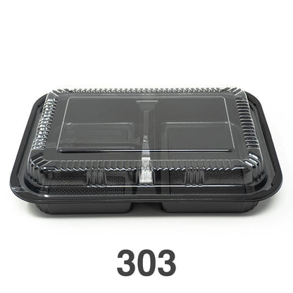 Rectangular black plastic Bento box with a clear lid, labeled with the number 303.