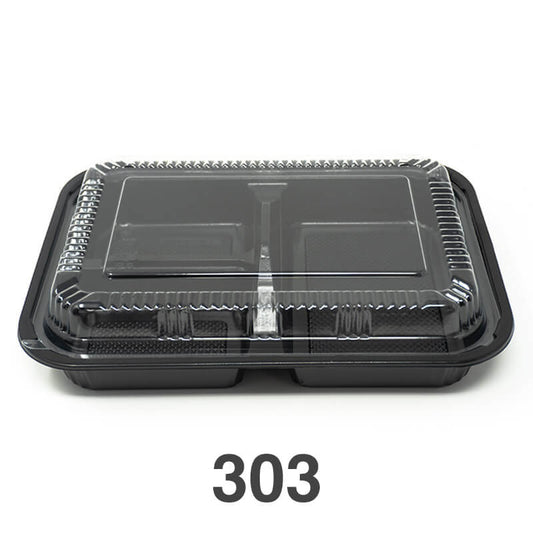Rectangular black plastic Bento box with a clear lid, labeled with the number 303.