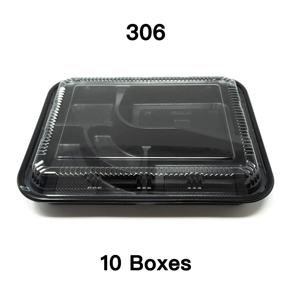 A stack of 10 black plastic rectangular bento boxes with a visible label indicating '306' and '10 Boxes'.