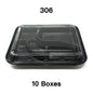 A stack of 10 black plastic rectangular bento boxes with a visible label indicating '306' and '10 Boxes'.