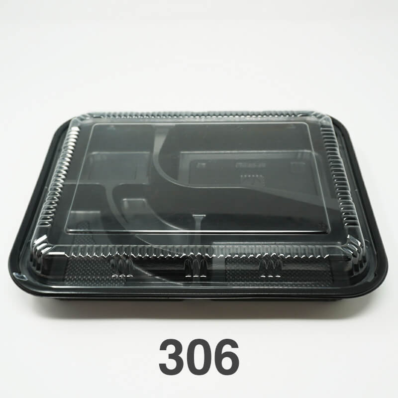 Rectangular black plastic bento box with a clear lid, labeled with the number 306.