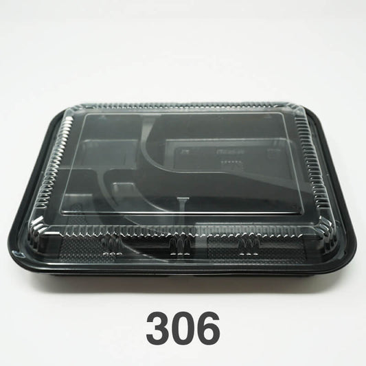Rectangular black plastic bento box with a clear lid, labeled with the number 306.